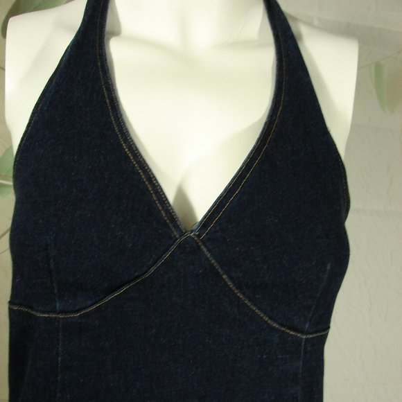 Like New Gas Co Stretch Denim Halter Dress Dark Wash Size 9 Summer Jean Dress - Picture 2 of 11
